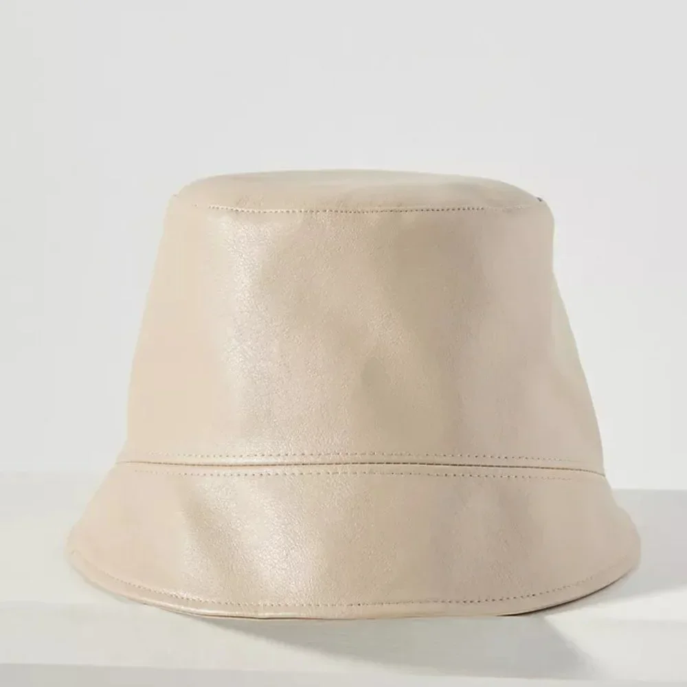 NWT Anthropologie Faux Leather Bucket Hat In Ivory Adjustable